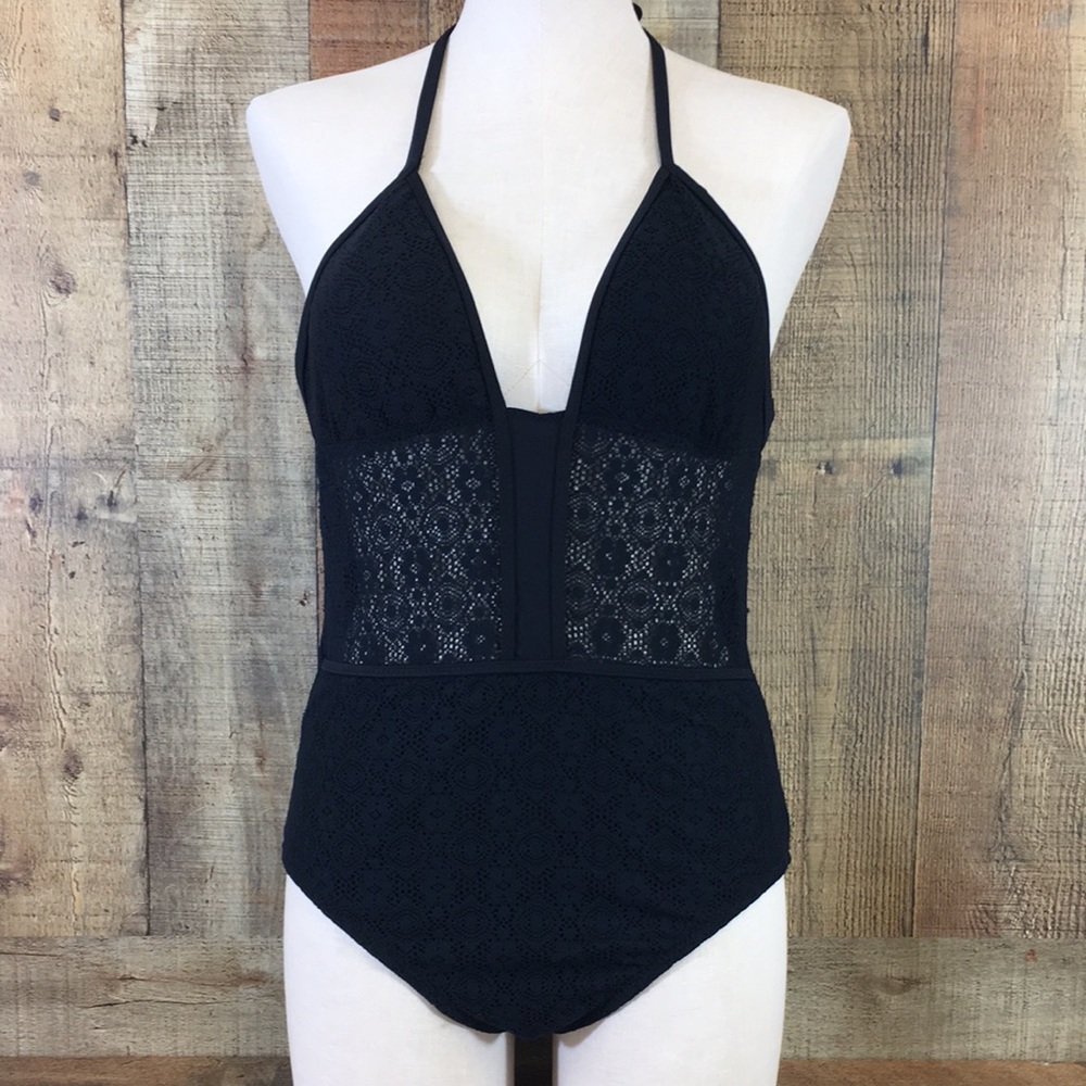 NWT Mossimo Swim Black One Piece Swimsuit Womens Large Halter